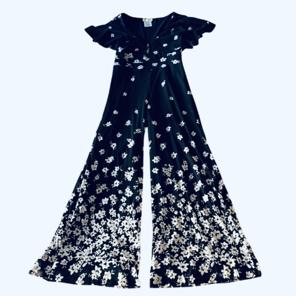 FUZZI Italian Black Floral Wide Leg Romper- M - Picture 6 of 14